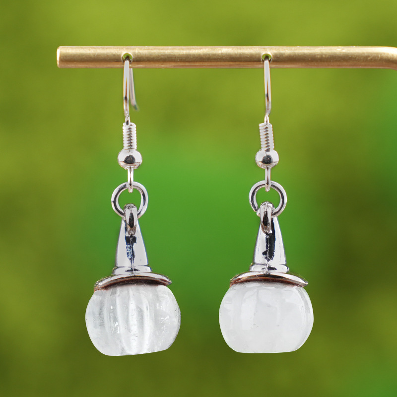 Natural Crystal Pumpkin Earrings, Agate Stone Witch Hat Drop Earrings, Vintage Halloween Style Gemstone Dangle Ear Jewelry