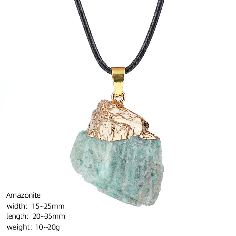 Natural Raw Stone Pendant Necklace Irregular Rough Stone Charm with Gold Tone Cap Adjustable Rope Necklace