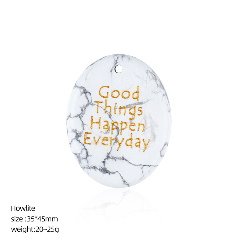 Natural Stone Oval Pendant with Inspirational Engraving Good Things Happen Everyday, Handheld Worry Stone Charm for Necklace DIY Craft