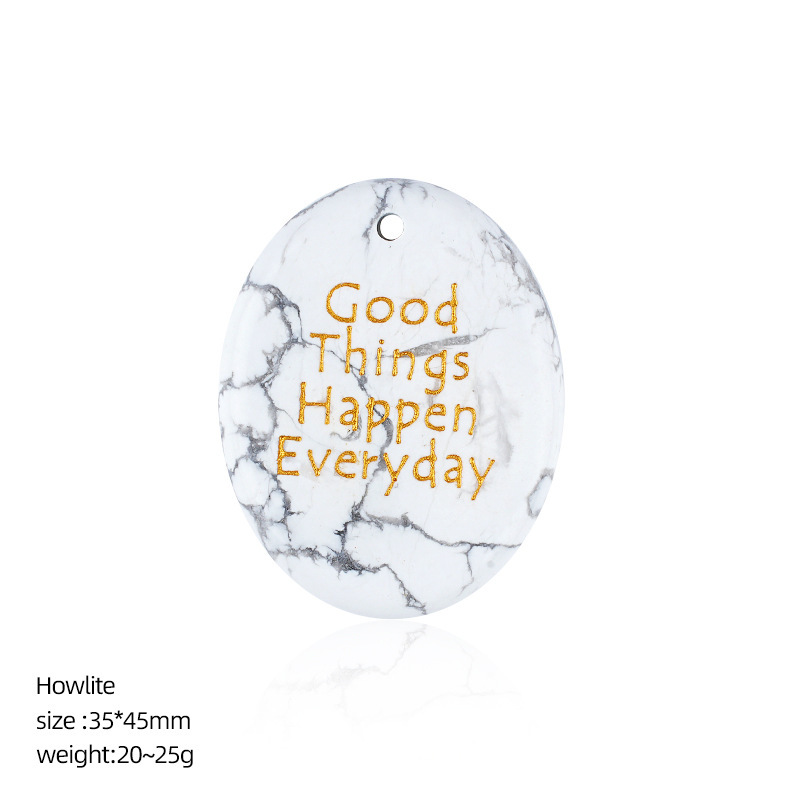 Natural Stone Oval Pendant with Inspirational Engraving Good Things Happen Everyday, Handheld Worry Stone Charm for Necklace DIY Craft