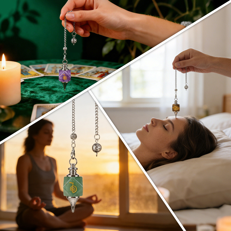 Geometric Crystal Pendulum Pendant with Rune Engraving - Adjustable Chain for Meditation and Yoga