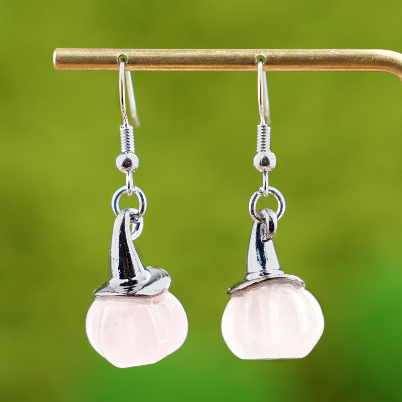 Natural Crystal Pumpkin Earrings, Agate Stone Witch Hat Drop Earrings, Vintage Halloween Style Gemstone Dangle Ear Jewelry