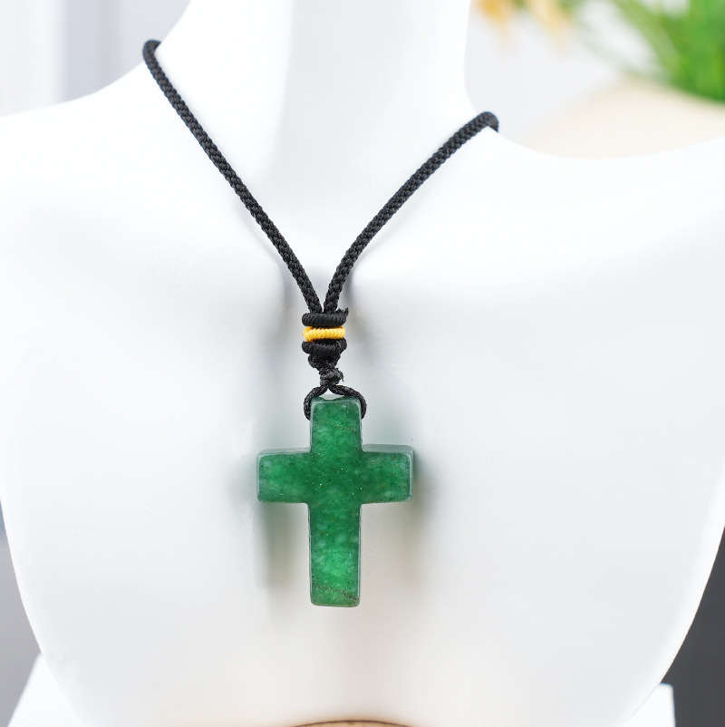 Natural Stone Cross Pendant Necklace, Horizontal Hole Cross Charm Jewelry, Adjustable Rope Necklace, Easter Gift Jewelry Accessory