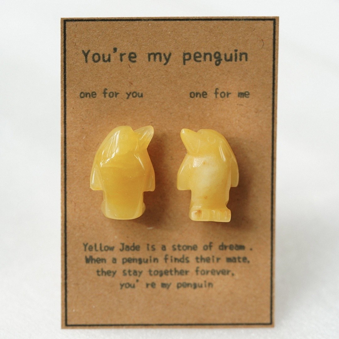 Natural Rose Quartz Penguin Figurine Set, Hand Carved Stone Couple Penguins with Gift Box and Message Card