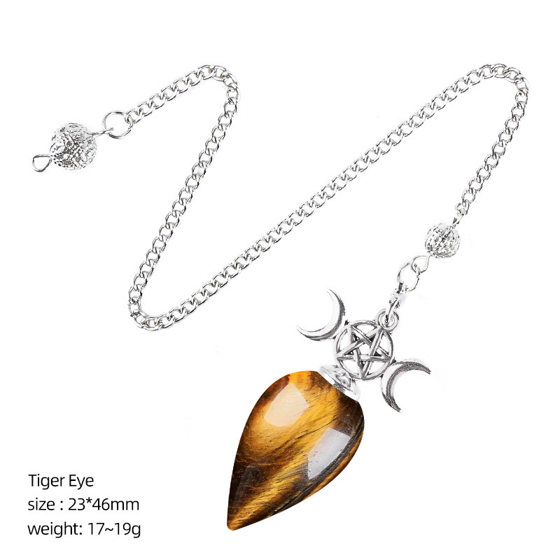 Natural Crystal Dowsing Pendulum Necklace, Triple Moon Teardrop Pendant with Chain, Water Drop Stone Pendulum for Meditation Yoga