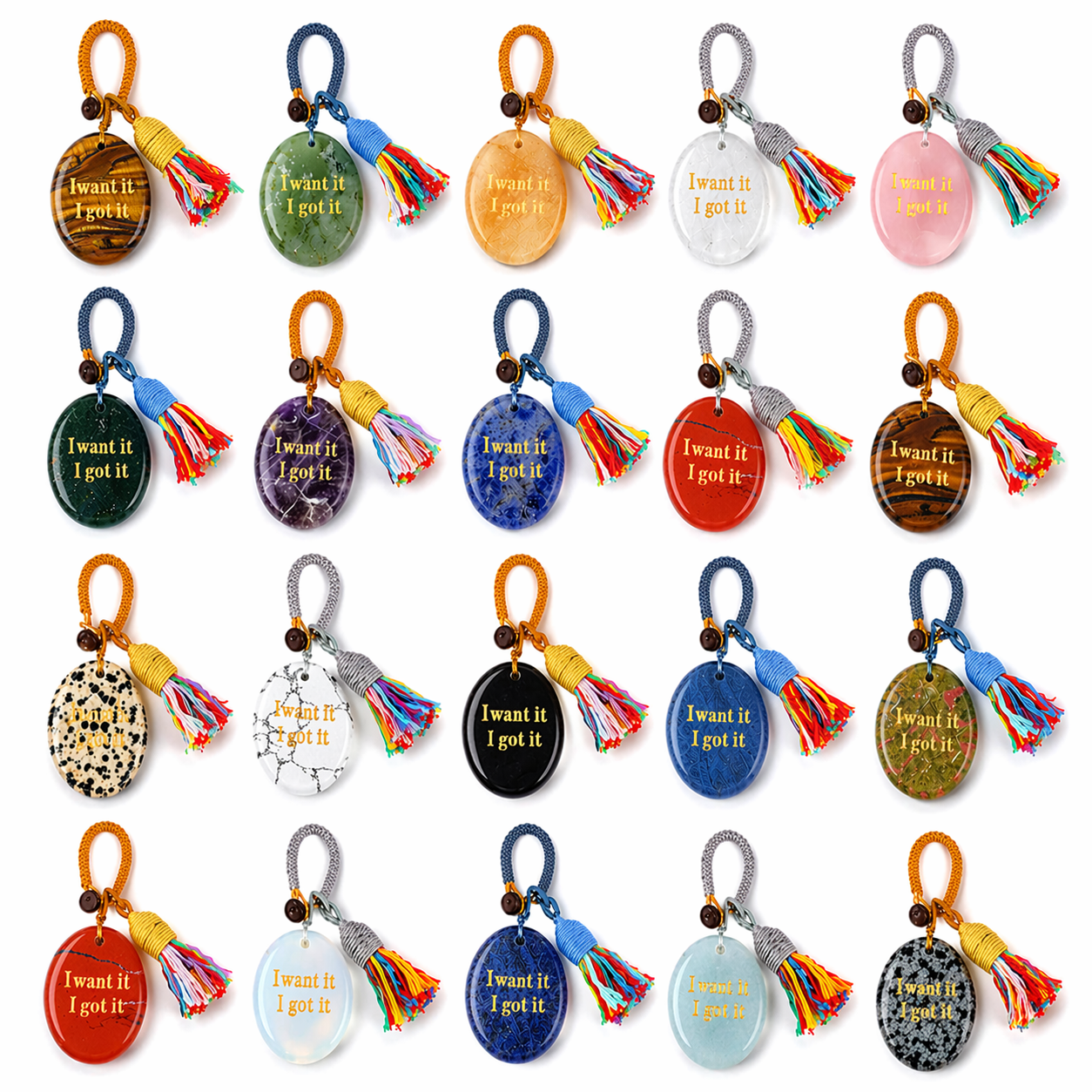 Natural Crystal Engraved Palm Stone Keychain, Oval Agate Worry Stone Bag Charm with Tassel for Car Hanging Decor, Mindful Gift and Everyday Accessory