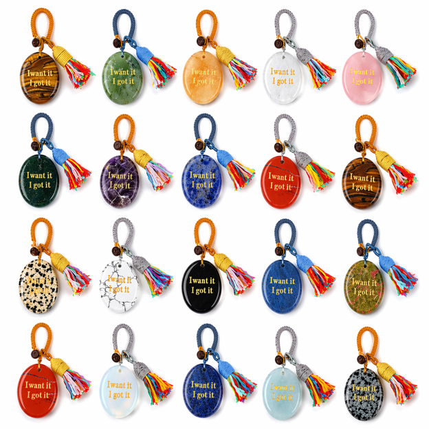 Natural Crystal Engraved Palm Stone Keychain, Oval Agate Worry Stone Bag Charm with Tassel for Car Hanging Decor, Mindful Gift and Everyday Accessory