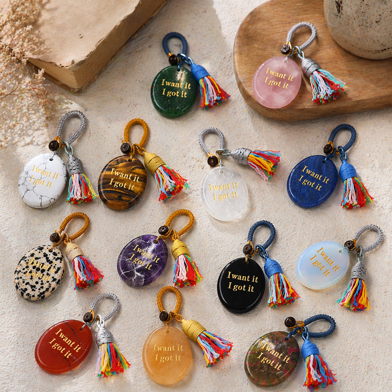 Natural Crystal Engraved Palm Stone Keychain, Oval Agate Worry Stone Bag Charm with Tassel for Car Hanging Decor, Mindful Gift and Everyday Accessory