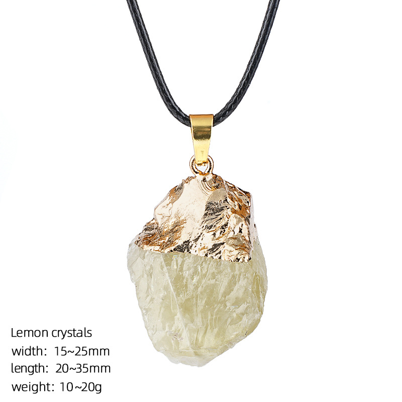 Natural Raw Stone Pendant Necklace Irregular Rough Stone Charm with Gold Tone Cap Adjustable Rope Necklace