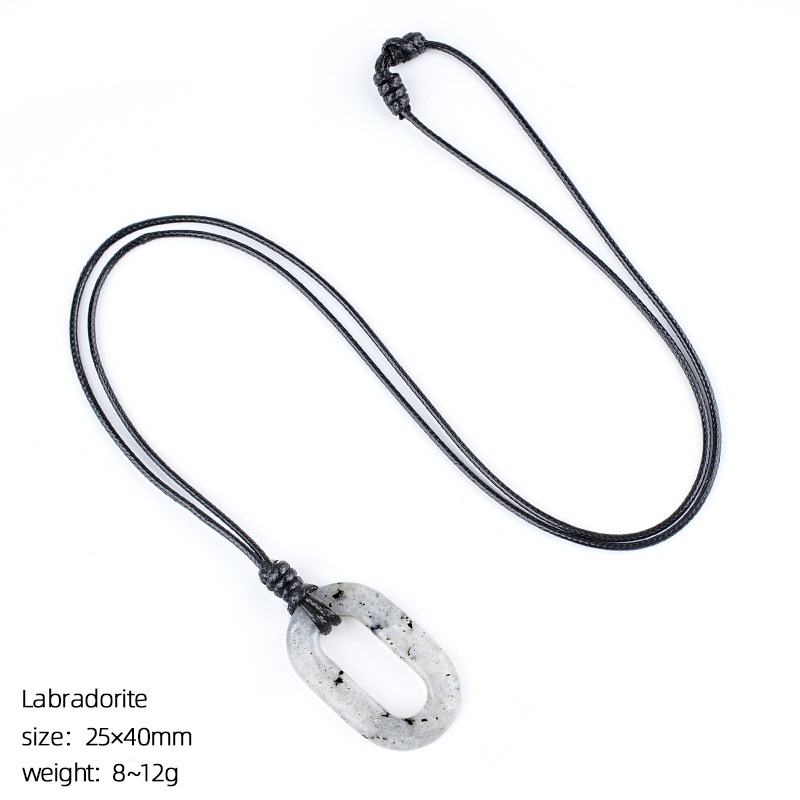 Natural Stone O Ring Necklace, Adjustable Oval Large Hole Pendant Necklace with Polished Crystal Loop Charm for Everyday Wear and Minimalist Styling