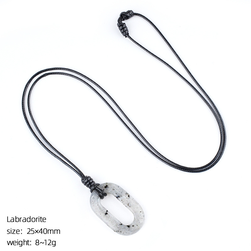 Natural Stone O Ring Necklace, Adjustable Oval Large Hole Pendant Necklace with Polished Crystal Loop Charm for Everyday Wear and Minimalist Styling