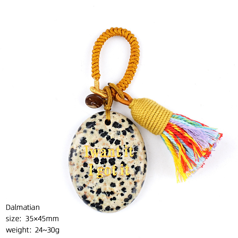 Natural Crystal Engraved Palm Stone Keychain, Oval Agate Worry Stone Bag Charm with Tassel for Car Hanging Decor, Mindful Gift and Everyday Accessory