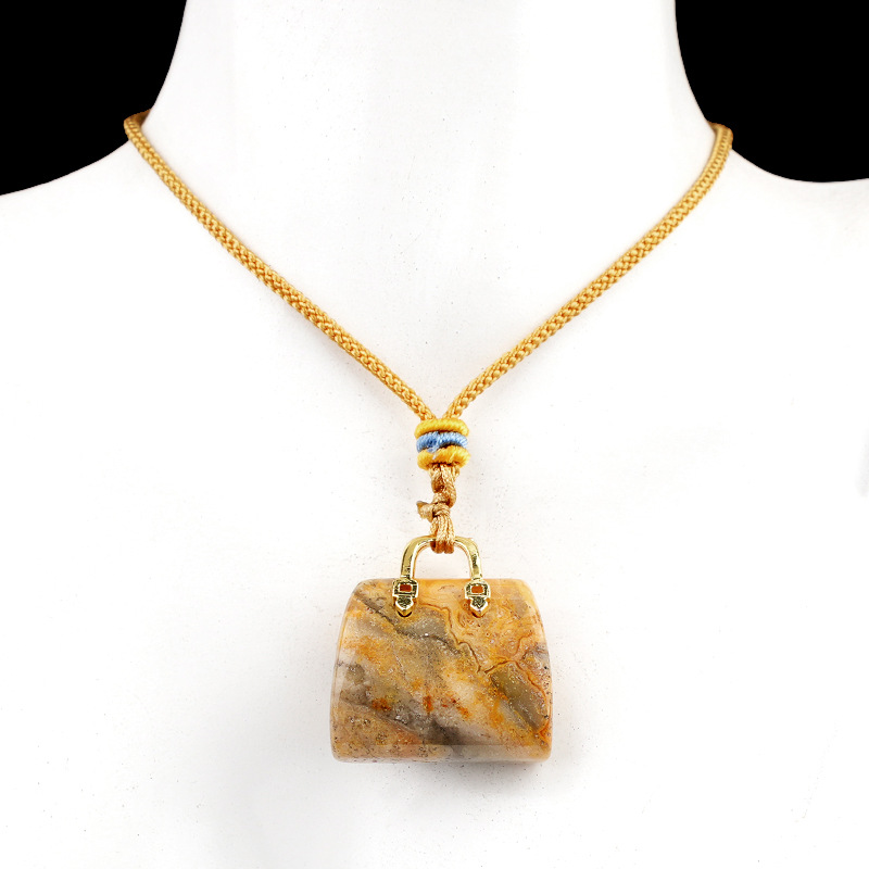 Natural Crystal Handbag Shape Pendant, Agate Stone Mini Bag Ornament Woven Rope Sweater Chain Accessory, Multi Material Decorative Pendant