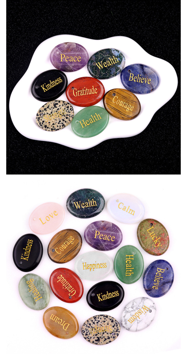 Natural Crystal Engraved Affirmation Stone Pendant, Oval Word Carved Agate Charm with Hole for Keychain Necklace Bag Charm and Gift Accessory
