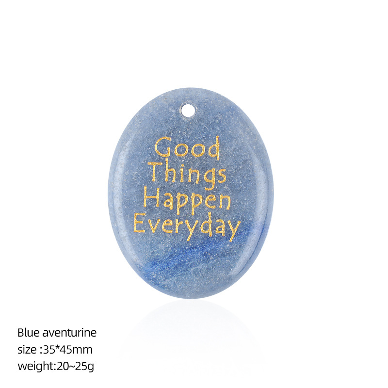 Natural Stone Oval Pendant with Inspirational Engraving Good Things Happen Everyday, Handheld Worry Stone Charm for Necklace DIY Craft