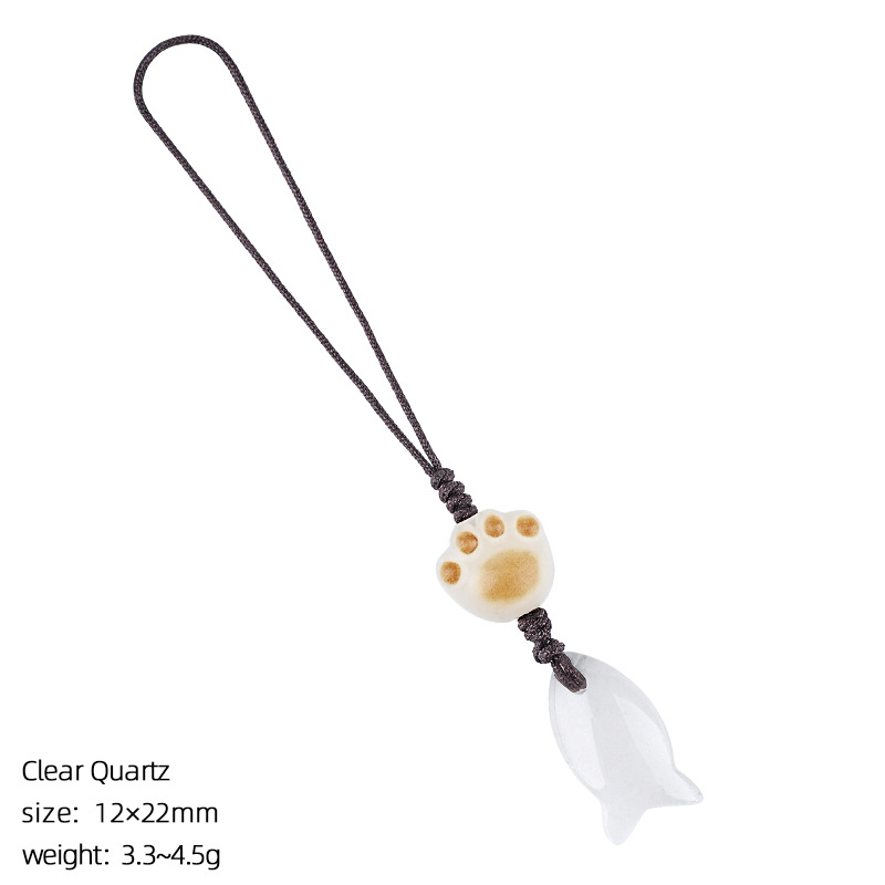 Natural Crystal Fish Charm with Paw Bead, Mini Gemstone Keychain & Phone Strap, Hand-Carved Stone Bag Charm Gift
