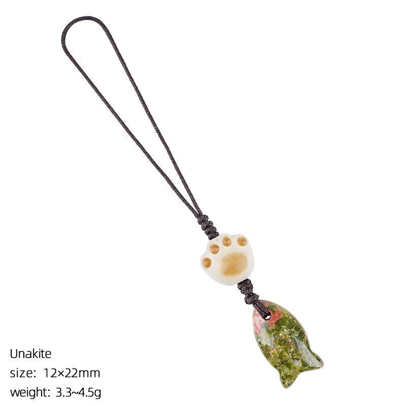 Natural Crystal Fish Charm with Paw Bead, Mini Gemstone Keychain & Phone Strap, Hand-Carved Stone Bag Charm Gift