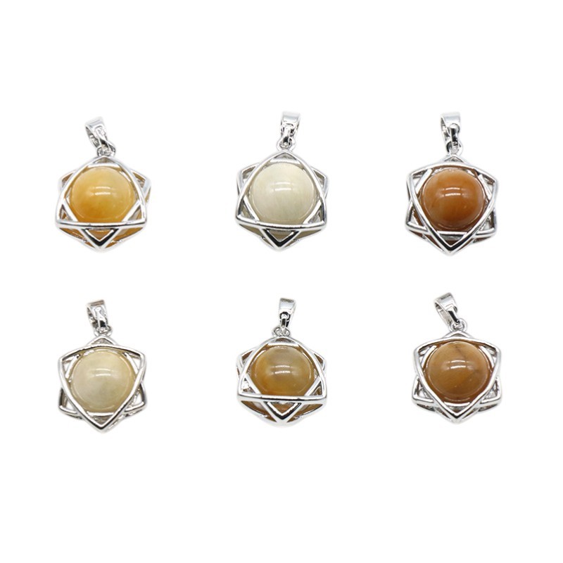 Natural Crystal Hexagram Pendant, Star Cage Gemstone Charm with Round Stone Bead for DIY Bracelet, Necklace Making and Handmade Jewelry Accessories
