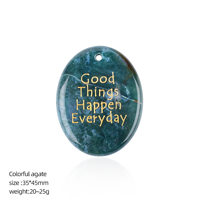 Natural Stone Oval Pendant with Inspirational Engraving Good Things Happen Everyday, Handheld Worry Stone Charm for Necklace DIY Craft