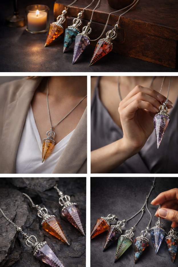 Natural Crystal Pendulum Necklace, Resin Hexagon Cone Dowsing Pendulum with Gemstone Chips, Spiritual Divination Gift, Handmade Jewelry