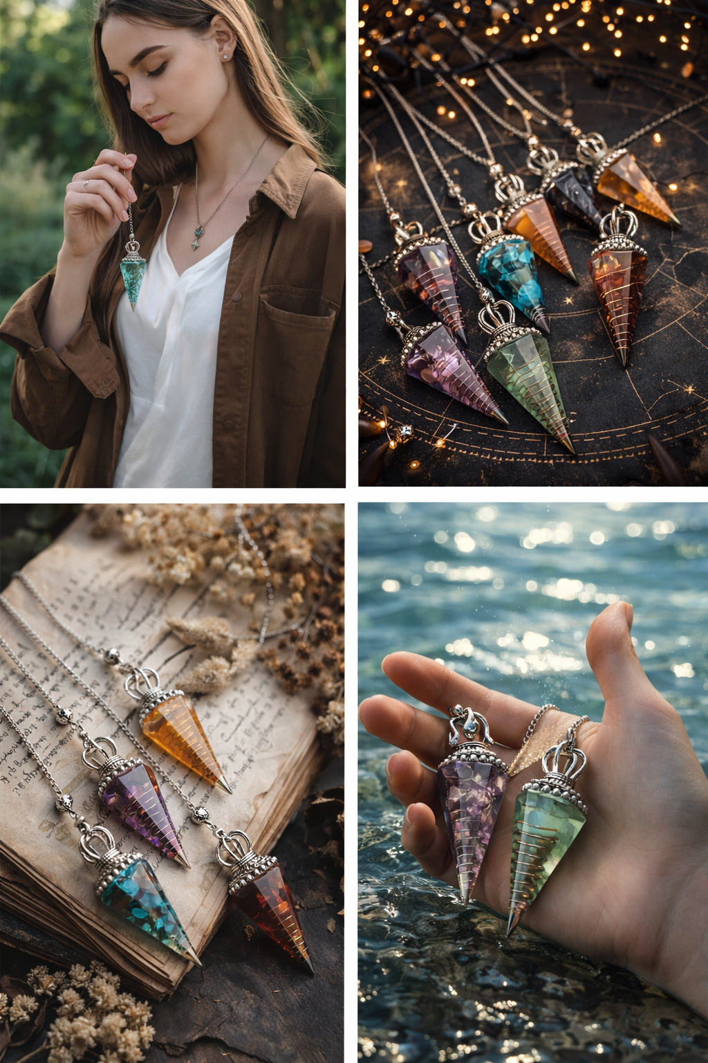 Natural Crystal Pendulum Necklace, Resin Hexagon Cone Dowsing Pendulum with Gemstone Chips, Spiritual Divination Gift, Handmade Jewelry