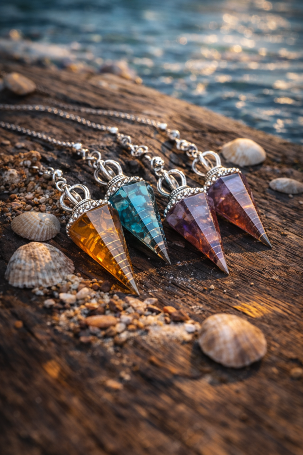 Natural Crystal Pendulum Necklace, Resin Hexagon Cone Dowsing Pendulum with Gemstone Chips, Spiritual Divination Gift, Handmade Jewelry
