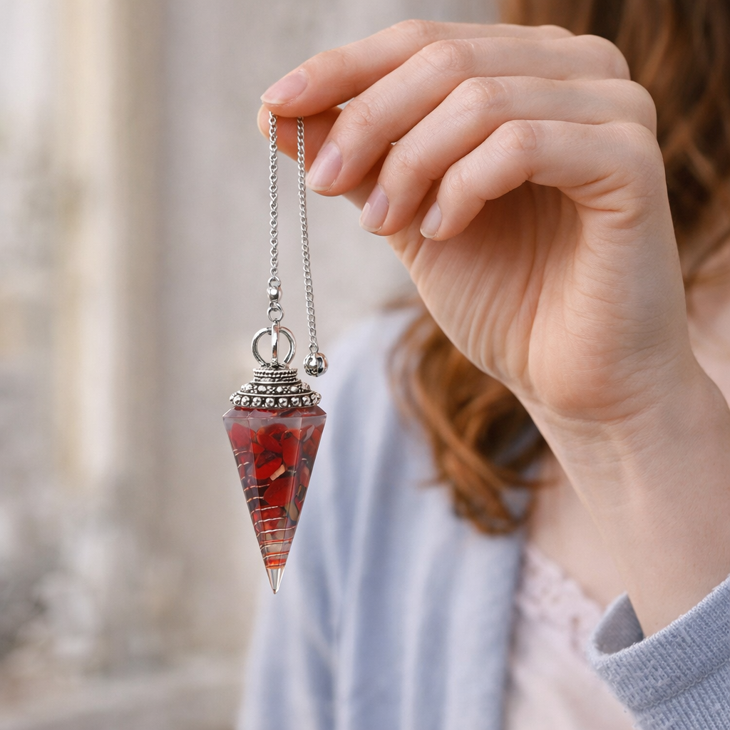 Natural Crystal Pendulum Necklace, Resin Hexagon Cone Dowsing Pendulum with Gemstone Chips, Spiritual Divination Gift, Handmade Jewelry