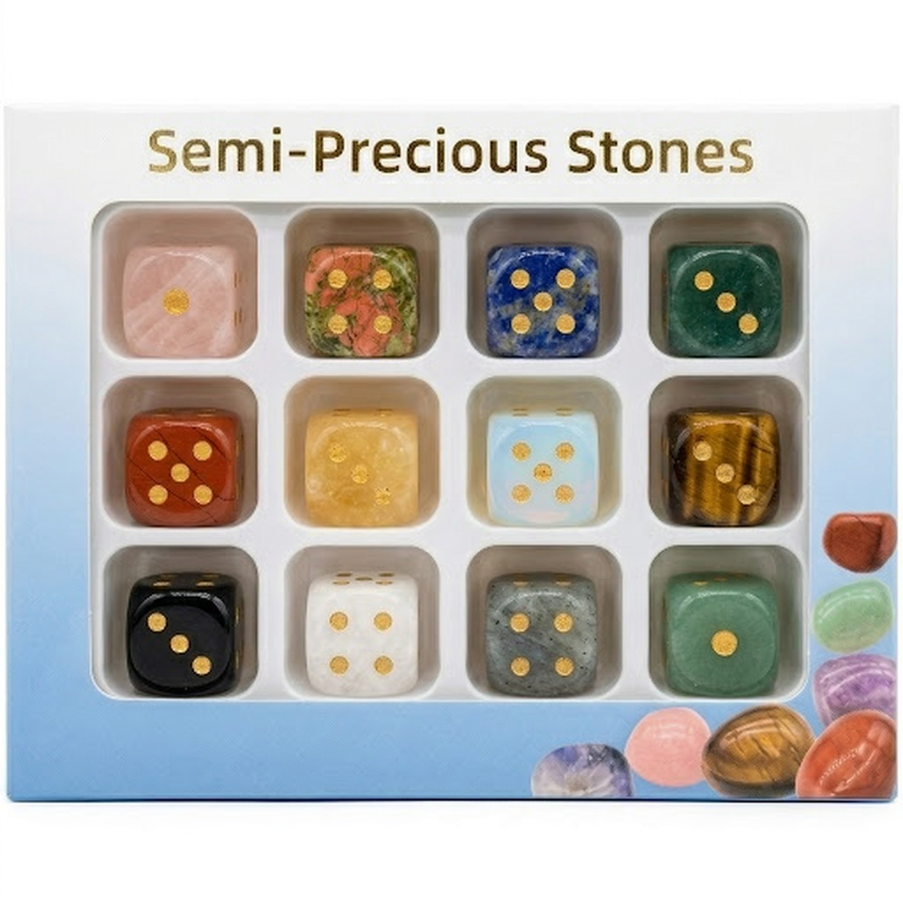 Natural Gemstone Dice Rounded Edge 15mm Crystal Dice for Board Games and Collection