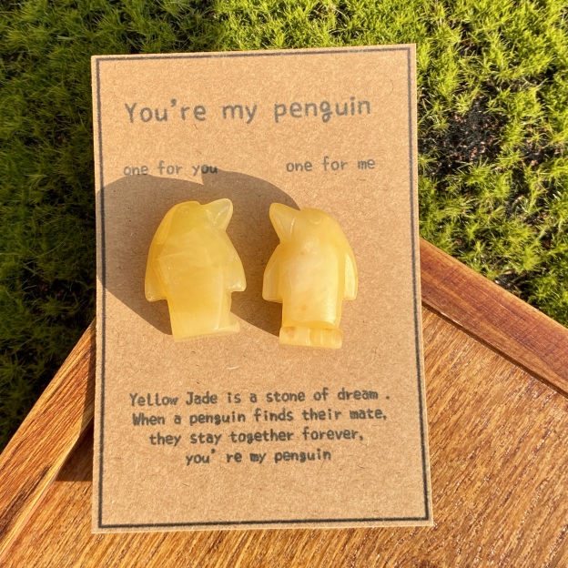 Crystal Rose Quartz Penguin Couple with Message Card, Hand-Carved Natural Gemstone Love Gift for Valentine’s Day, Anniversary, Wedding Keepsake