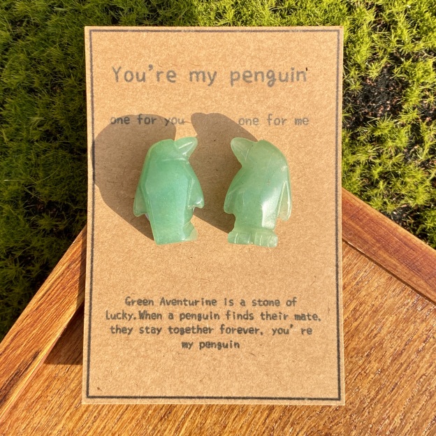 Crystal Rose Quartz Penguin Couple with Message Card, Hand-Carved Natural Gemstone Love Gift for Valentine’s Day, Anniversary, Wedding Keepsake