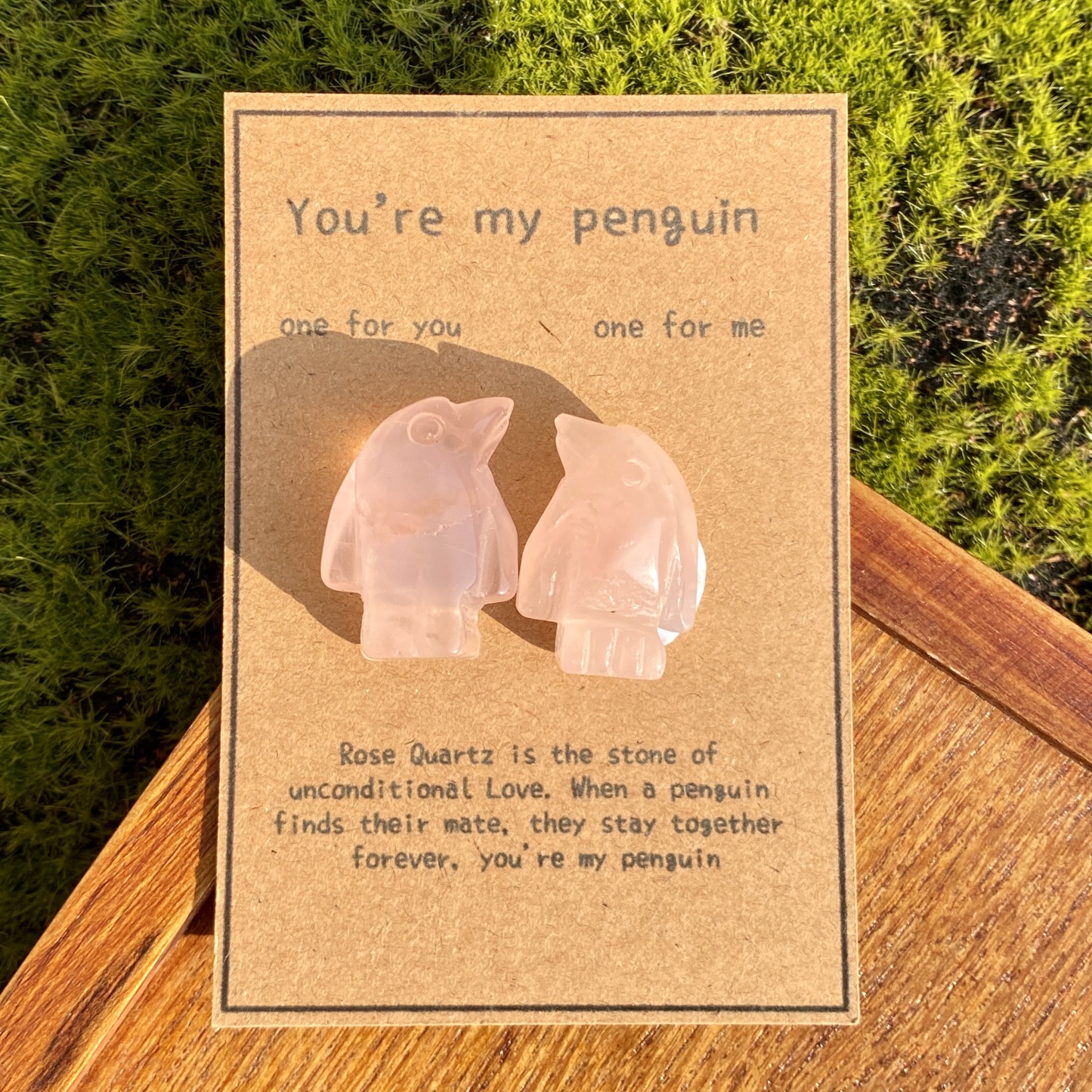Crystal Rose Quartz Penguin Couple with Message Card, Hand-Carved Natural Gemstone Love Gift for Valentine’s Day, Anniversary, Wedding Keepsake