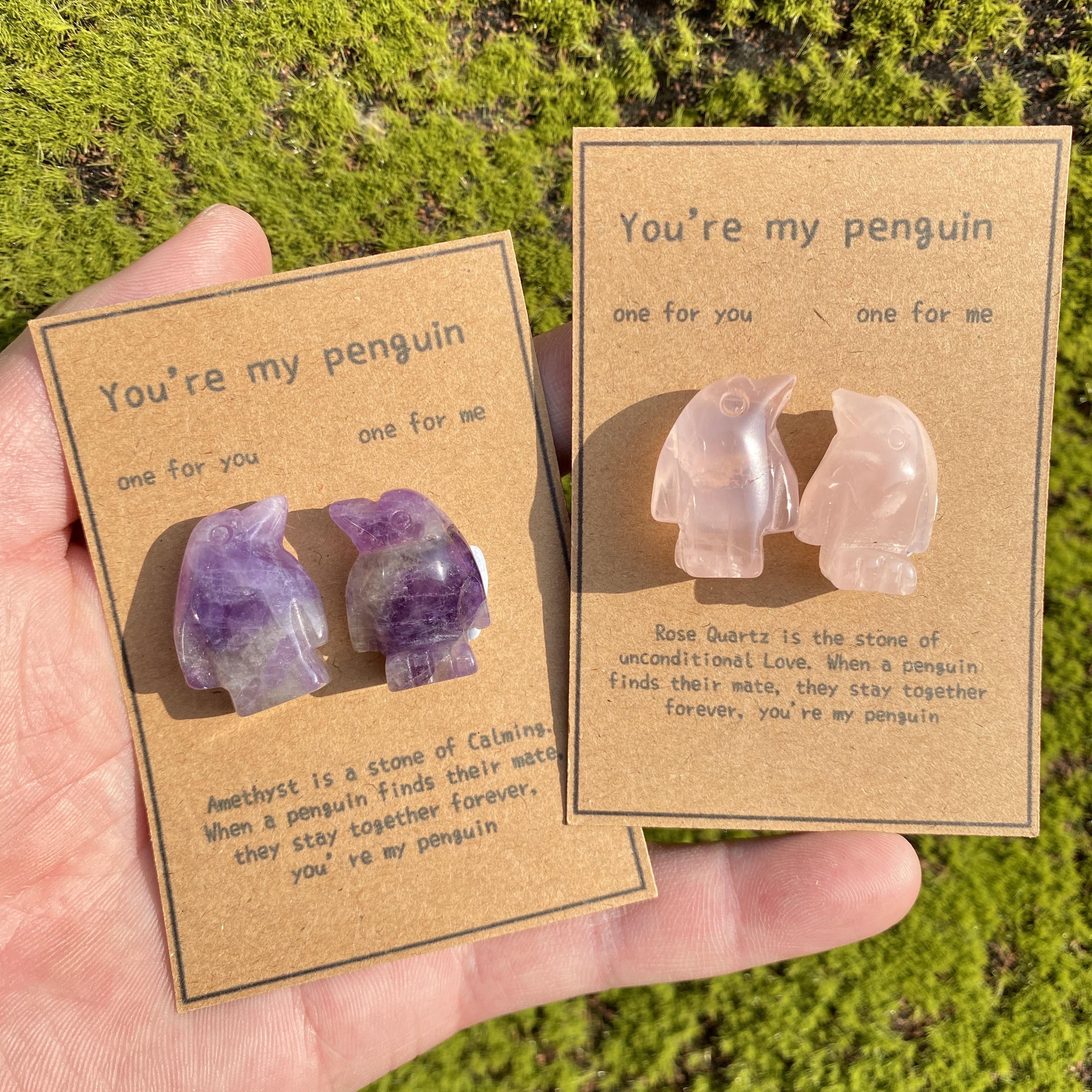 Crystal Rose Quartz Penguin Couple with Message Card, Hand-Carved Natural Gemstone Love Gift for Valentine’s Day, Anniversary, Wedding Keepsake