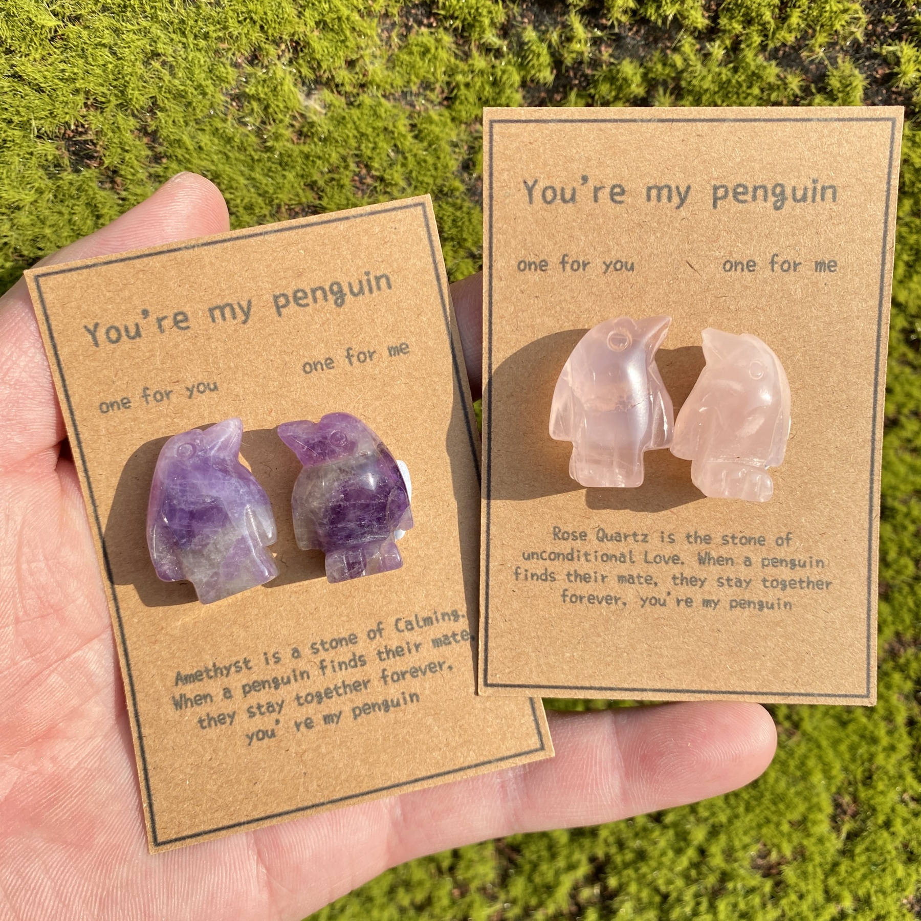 Crystal Rose Quartz Penguin Couple with Message Card, Hand-Carved Natural Gemstone Love Gift for Valentine’s Day, Anniversary, Wedding Keepsake