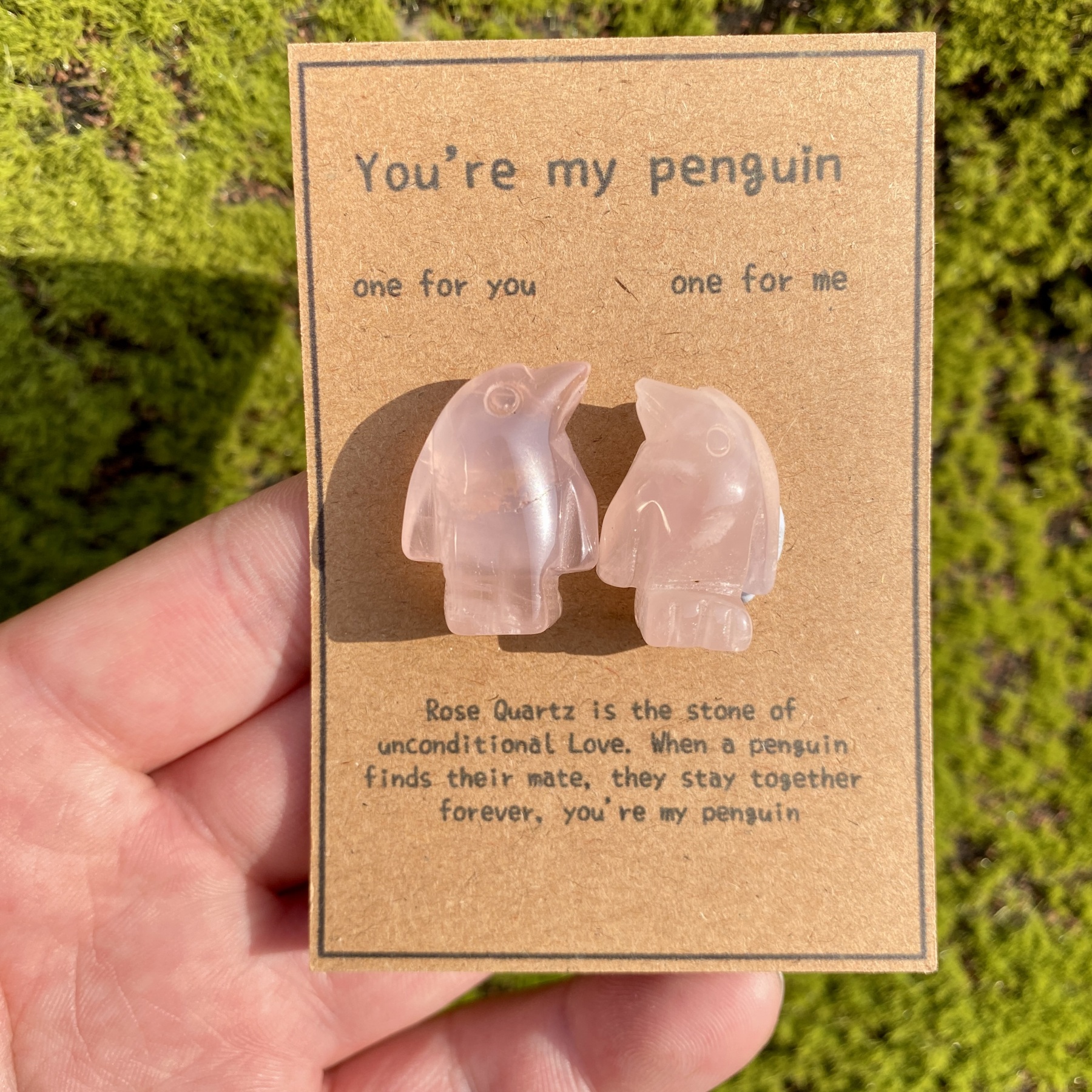 Crystal Rose Quartz Penguin Couple with Message Card, Hand-Carved Natural Gemstone Love Gift for Valentine’s Day, Anniversary, Wedding Keepsake