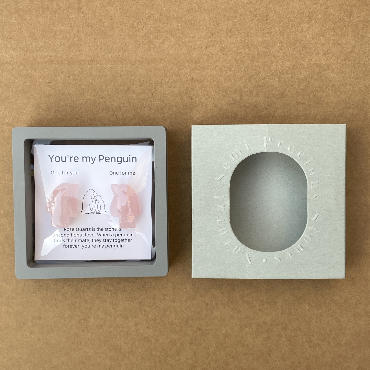 Rose Quartz Penguin Figurine Set, Hand Carved Stone Animal Pair with Gift Box and Message Card