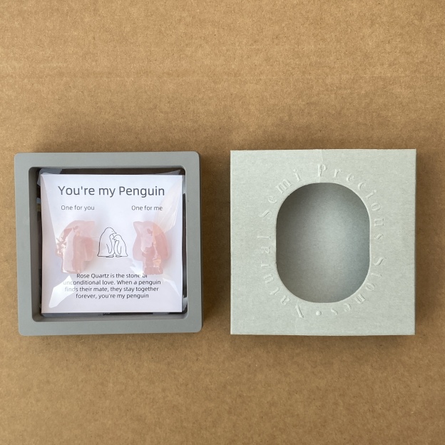 Rose Quartz Penguin Figurine Set, Hand Carved Stone Animal Pair with Gift Box and Message Card