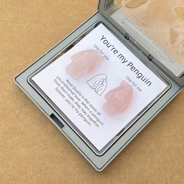 Rose Quartz Penguin Figurine Set, Hand Carved Stone Animal Pair with Gift Box and Message Card