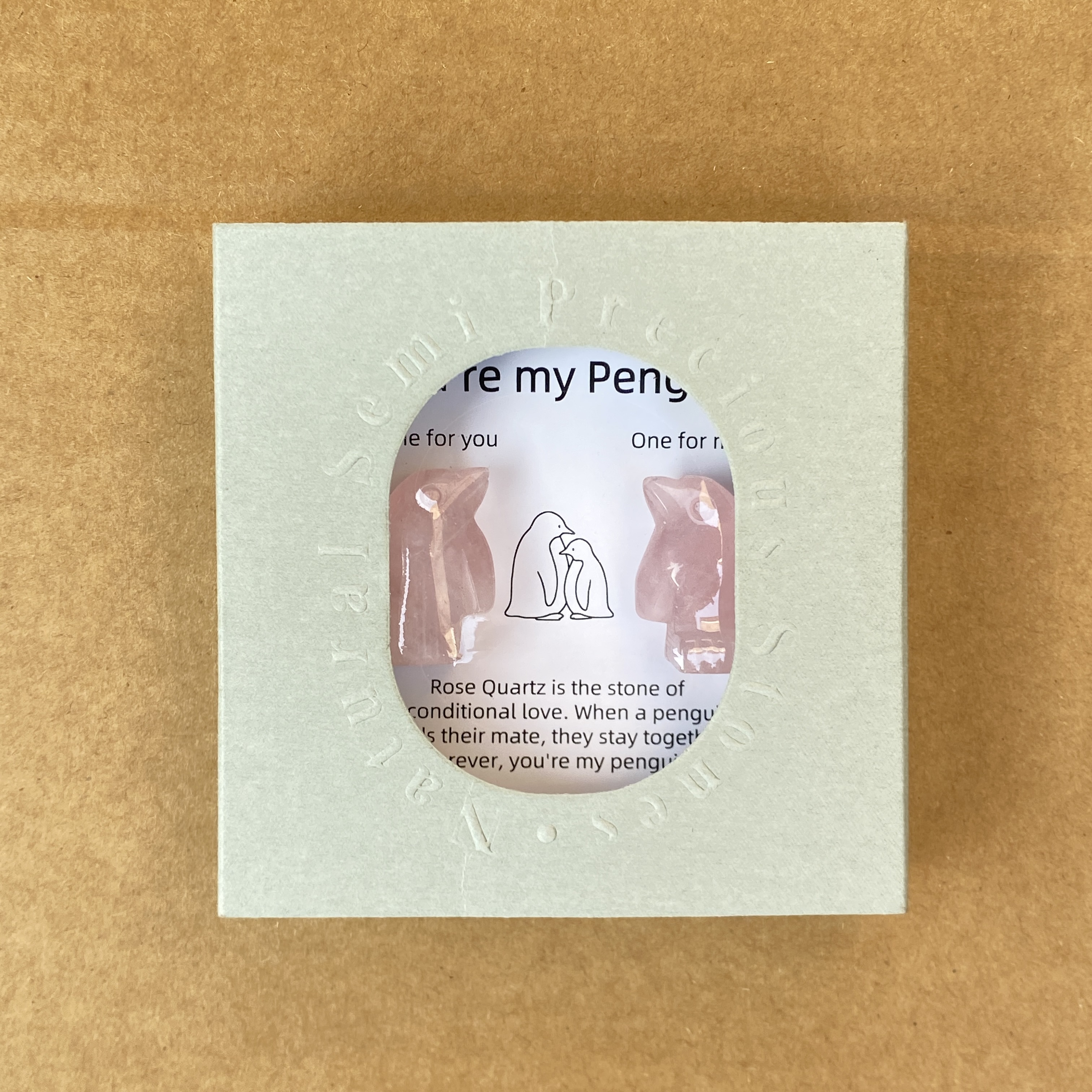Rose Quartz Penguin Figurine Set, Hand Carved Stone Animal Pair with Gift Box and Message Card