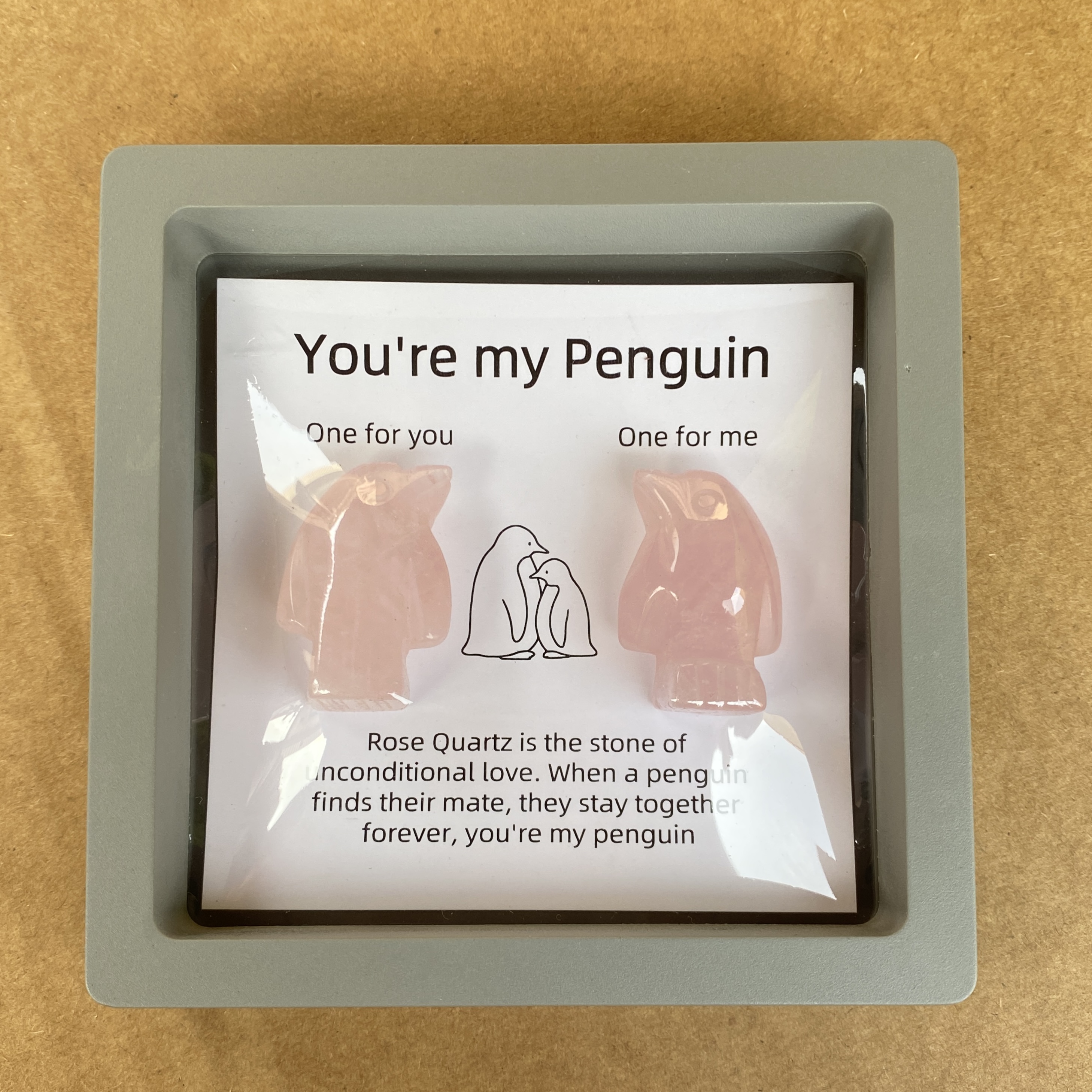 Rose Quartz Penguin Figurine Set, Hand Carved Stone Animal Pair with Gift Box and Message Card