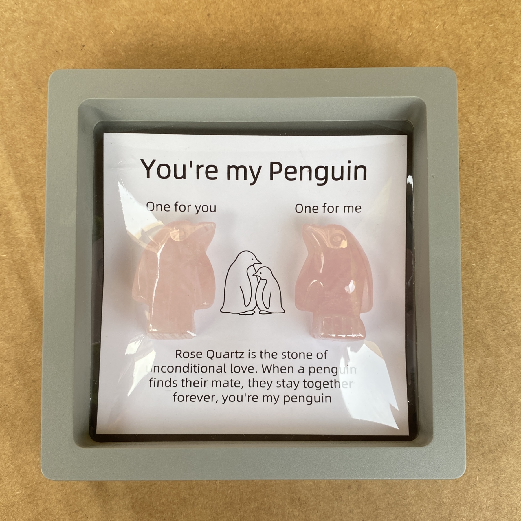 Rose Quartz Penguin Figurine Set, Hand Carved Stone Animal Pair with Gift Box and Message Card