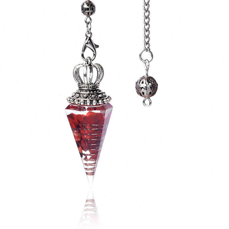 Natural Crystal Pendulum Necklace, Resin Hexagon Cone Dowsing Pendulum with Gemstone Chips, Spiritual Divination Gift, Handmade Jewelry