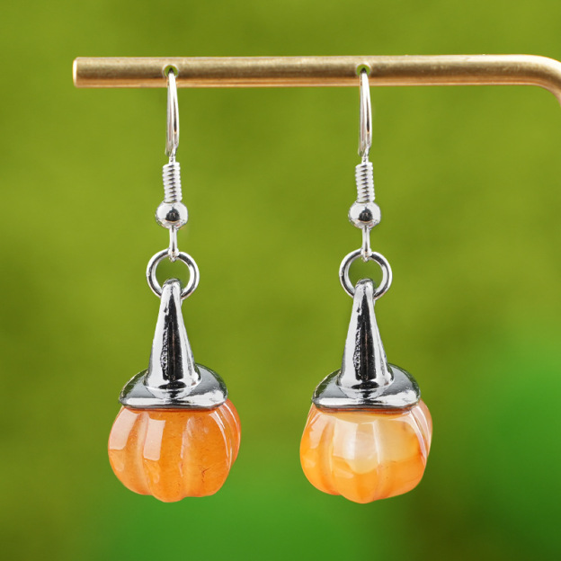 Natural Crystal Pumpkin Earrings, Agate Stone Witch Hat Drop Earrings, Vintage Halloween Style Gemstone Dangle Ear Jewelry