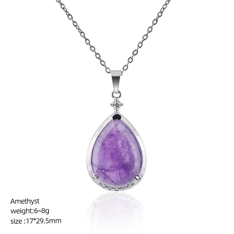 Natural Crystal Teardrop Pendant Necklace, Water Drop Gemstone Inlay Chain Necklace for Daily Wear or Gift