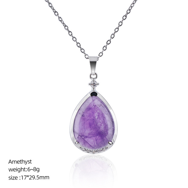 Natural Crystal Teardrop Pendant Necklace, Water Drop Gemstone Inlay Chain Necklace for Daily Wear or Gift
