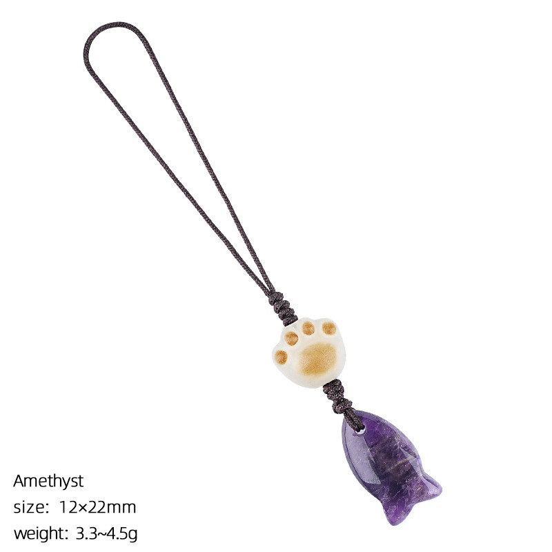 Natural Crystal Fish Charm with Cat Paw | Gemstone Bag & Phone Hanging Accessory