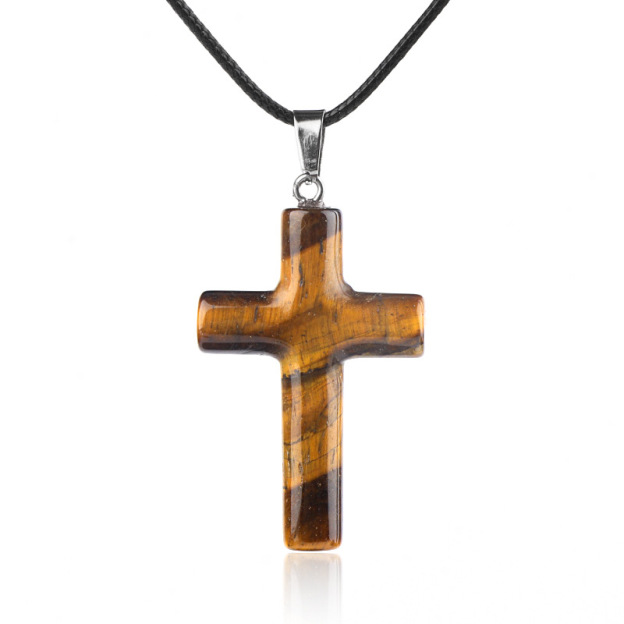 Natural Crystal Cross Pendant Necklace Spiritual Healing Pendant with Adjustable Cord for Meditation