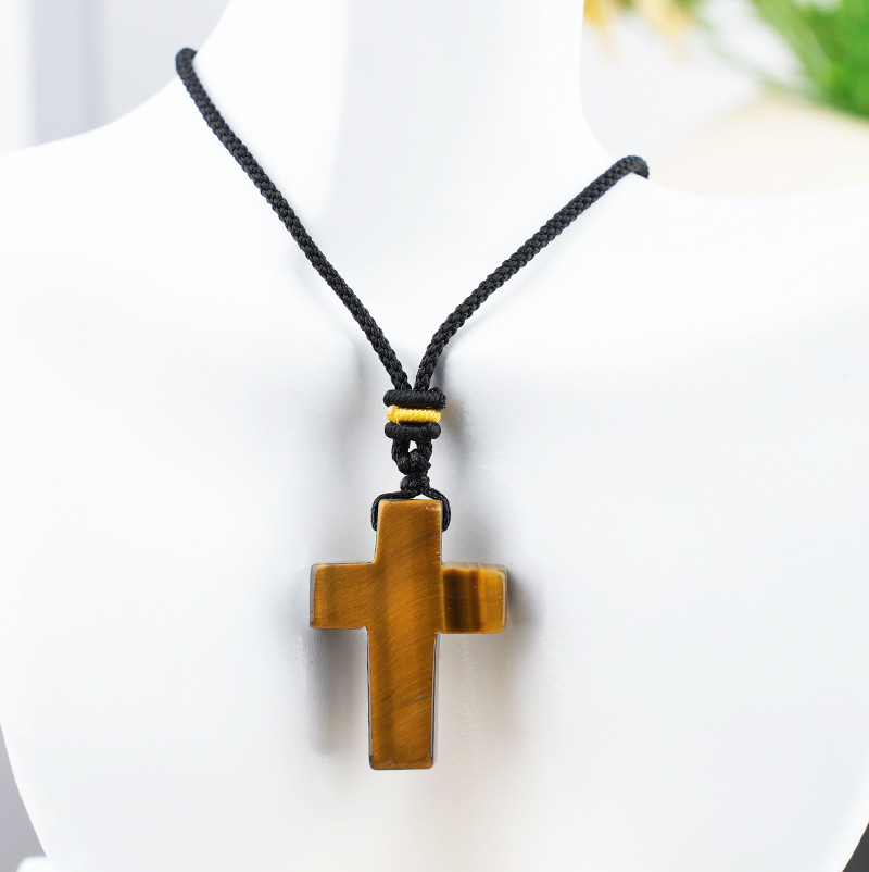 Natural Stone Cross Pendant Necklace, Horizontal Hole Cross Charm Jewelry, Adjustable Rope Necklace, Easter Gift Jewelry Accessory