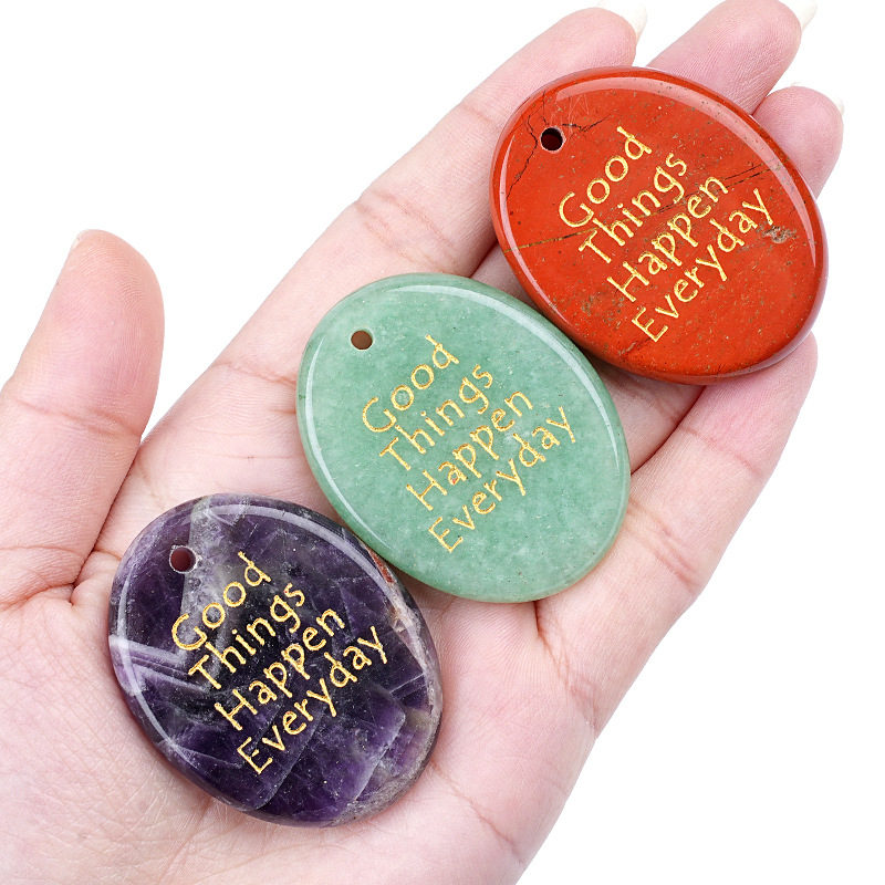 Natural Stone Oval Pendant with Inspirational Engraving Good Things Happen Everyday, Handheld Worry Stone Charm for Necklace DIY Craft
