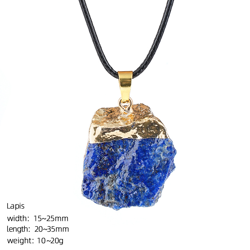 Natural Raw Stone Pendant Necklace Irregular Rough Stone Charm with Gold Tone Cap Adjustable Rope Necklace