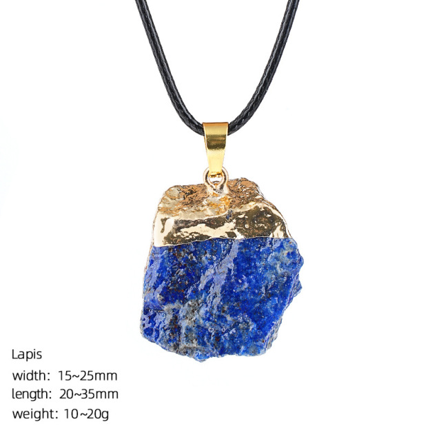 Natural Raw Stone Pendant Necklace Irregular Rough Stone Charm with Gold Tone Cap Adjustable Rope Necklace